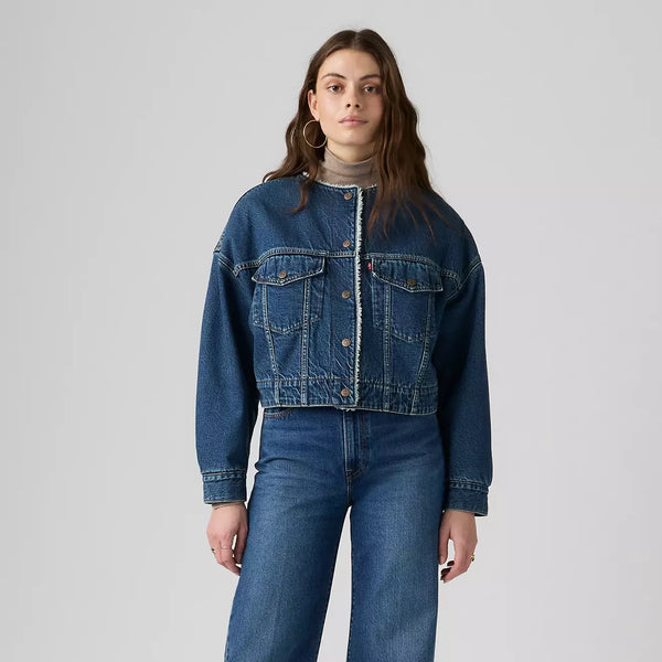 Collarless Cropped Sherpa Trucker Jacket