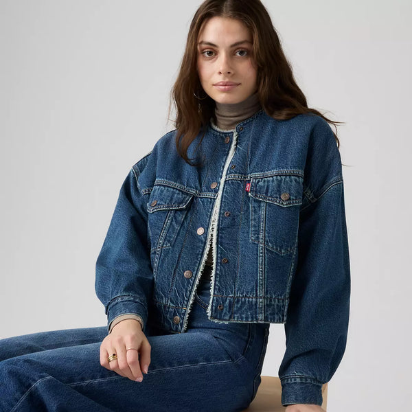 Collarless Cropped Sherpa Trucker Jacket