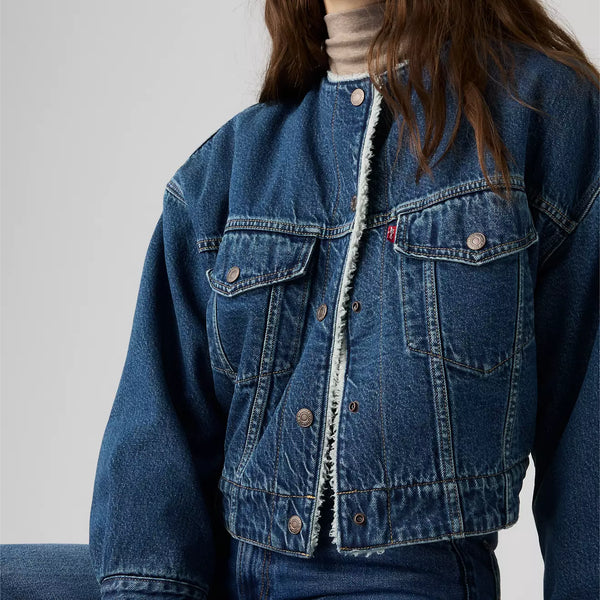 Collarless Cropped Sherpa Trucker Jacket
